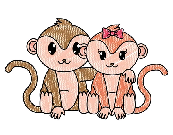 Grated monkey couple cute animal together — Stock Vector