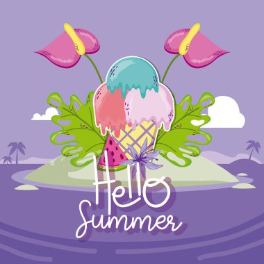 Merhaba yaz dondurma karpuz ve çiçekler çizgi film illüstrasyon grafik tasarım vektör