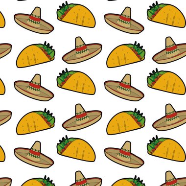 Burrito ve Meksika yemekleri ve geleneksel yemekleri Tema izole tasarım vektör çizim şapka