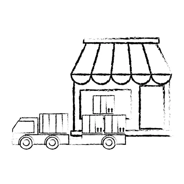Grunge toko pengiriman dengan truk transportasi dan paket - Stok Vektor