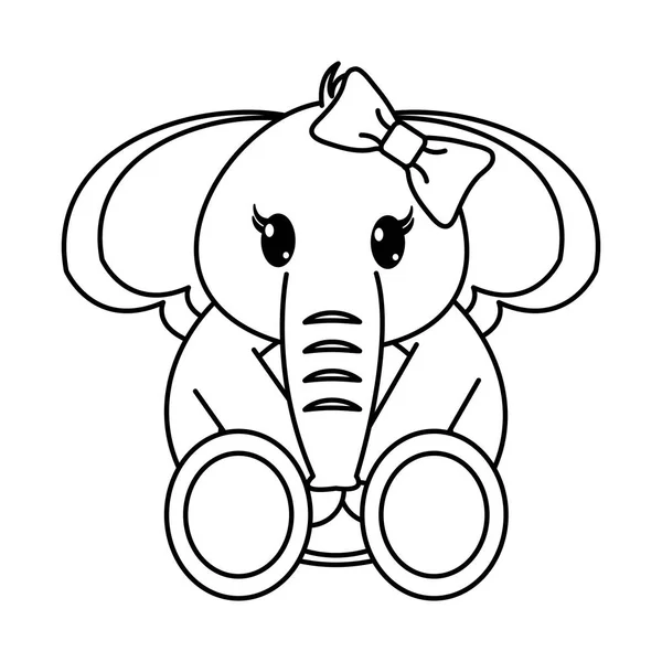Line kvinnlig elefant söta djur med band rosett — Stock vektor