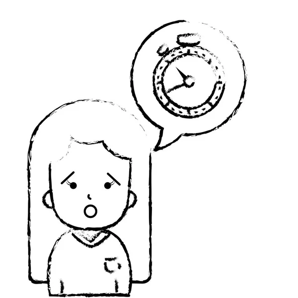Ilustracja kobieta zaskoczony z bluzka i chronometru wewnątrz czat bubble — Wektor stockowy