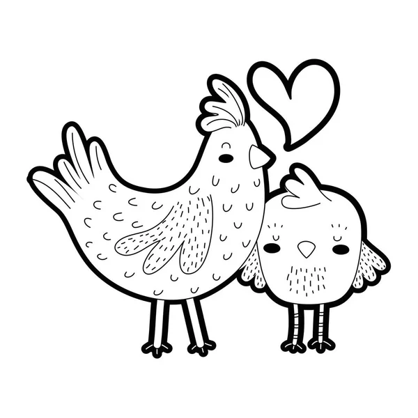 Outline hen and chick love and family together — Stock Vector