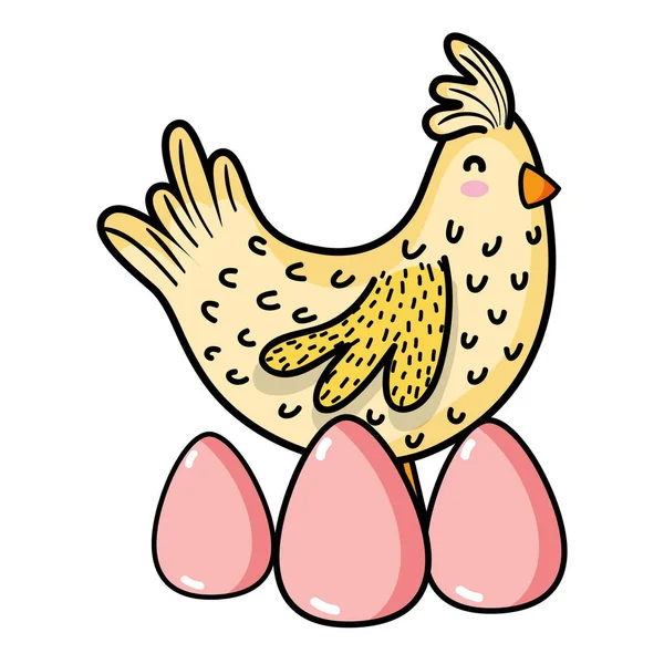 Hen bird farm animal with eggs — Stock Vector