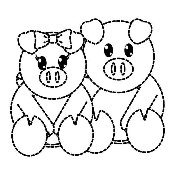 Forme pointillée cochon couple mignon animal ensemble — Image vectorielle