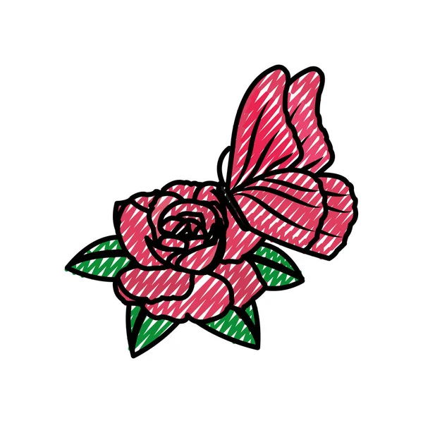 Pétalos de rosa hermosa rallada con hojas y mariposa — Vector de stock