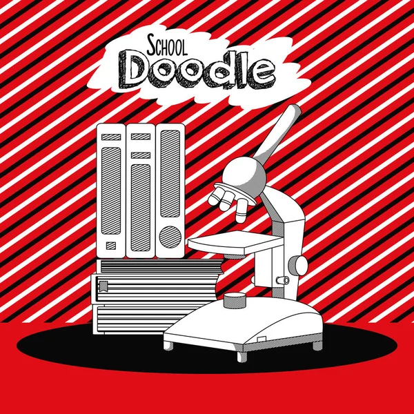Schule Elemente Bücher Und Mikroskop Doodles Cartoon Über Gestreiften Hintergrund — Stockvektor