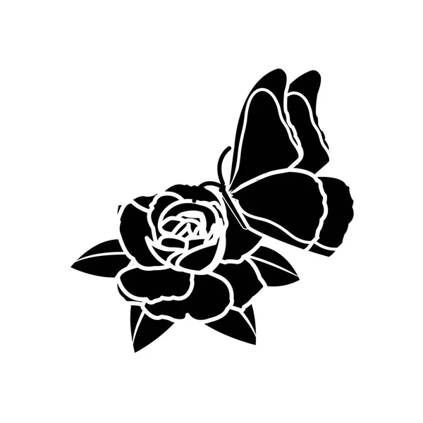 Silhouette vackra rosenblad med blad och fjäril — Stock vektor