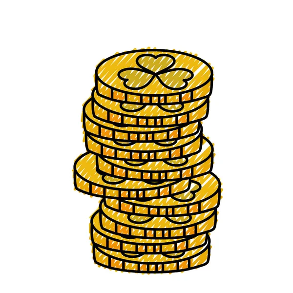 Monedas de oro rallado dinero con signo de trébol — Vector de stock