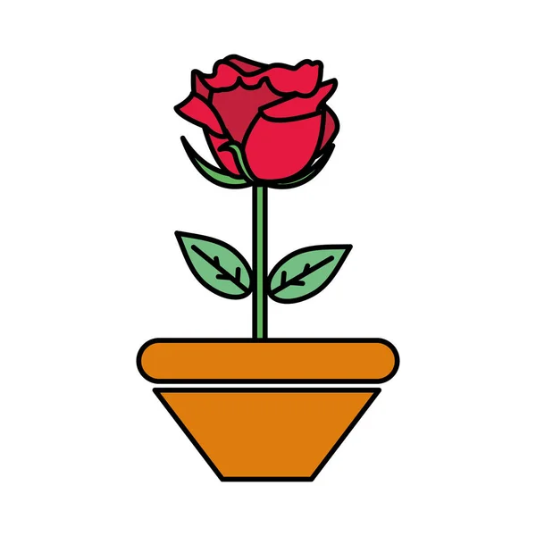 Pěkná růže s lístky a listy uvnitř plantpot — Stockový vektor