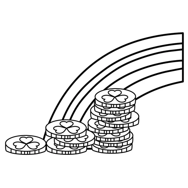 Arc-en-ciel ligne avec pièces d'or et trèfles signe — Image vectorielle