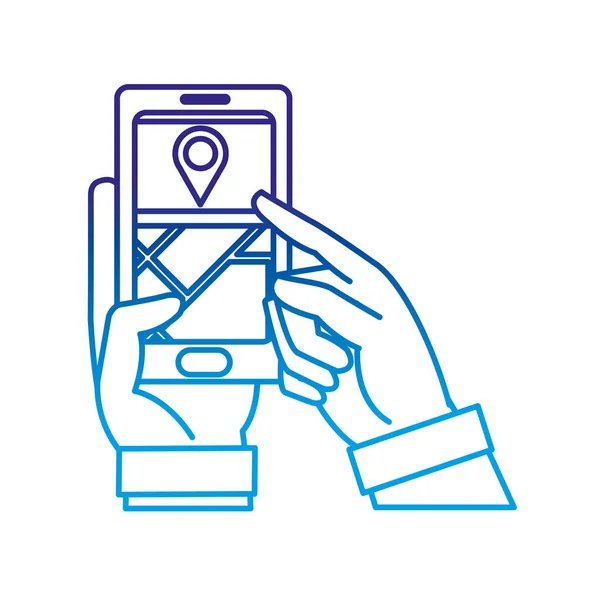 Degradado linha homem mãos com smartphone conectar no mapa gps —  Vetores de Stock