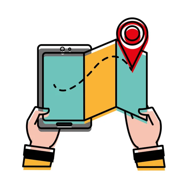 Hombre de color movido manos con teléfono inteligente con mapa y símbolo de ubicación — Vector de stock