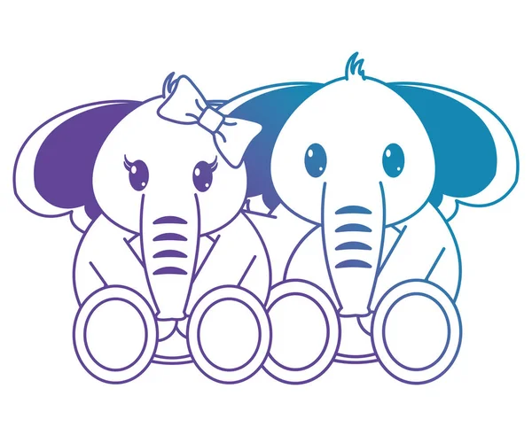 Ligne bleue couple éléphant mignon animal ensemble — Image vectorielle