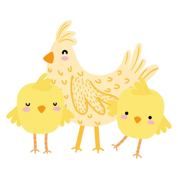 Poule colorée avec des poussins animaux d'oiseaux de ferme — Image vectorielle