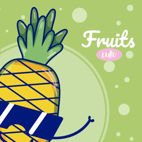 Ananas Con Occhiali Sole Carino Kawaii Frutta Cartoni Animati Vettoriale — Vettoriale Stock