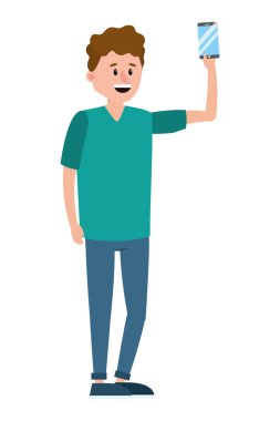 genç adam teknoloji smartphone aygıt karikatür vektör çizim grafik tasarım holding