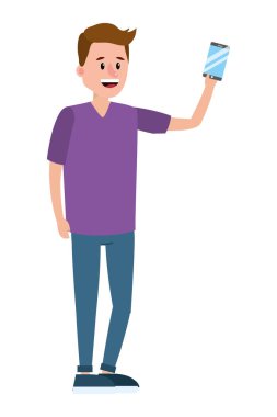 genç adam teknoloji smartphone aygıt karikatür vektör çizim grafik tasarım holding