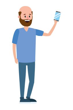 genç adam teknoloji smartphone aygıt karikatür vektör çizim grafik tasarım holding