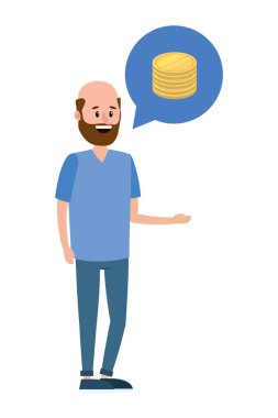 para tasarrufu düşünme genç adam konuşma kabarcık karikatür vektör çizim grafik tasarım paralar