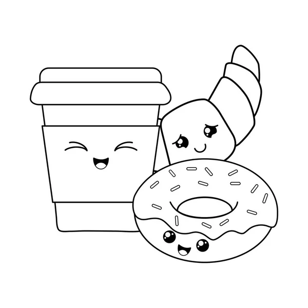 Köstliche Süße Donuts Und Kaffee Kawaii Zeichen Vektor Illustration Design — Stockvektor