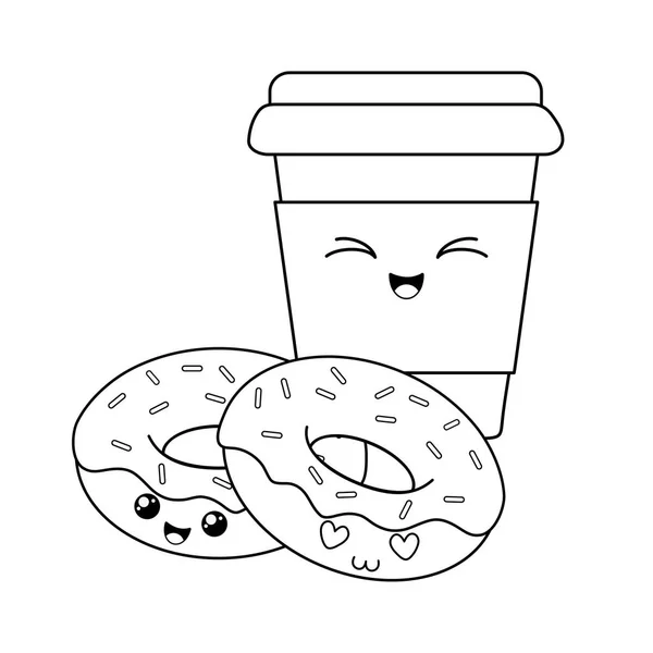 Köstliche Süße Donuts Und Kaffee Kawaii Zeichen Vektor Illustration Design — Stockvektor