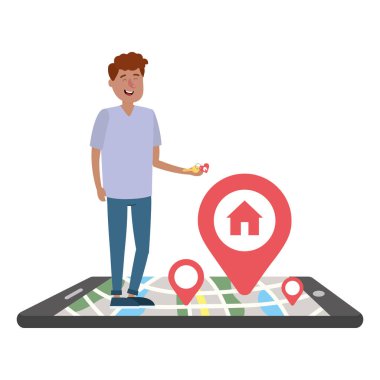 Smartphone karikatür vektör çizim grafik tasarım ile satın almak ev aramaya emlakçı