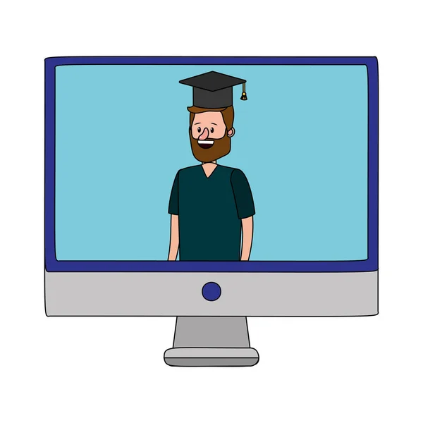 Online Eğitim Adam Bilgisayar Ekran Çizgi Film Vektör Çizim Grafik — Stok Vektör