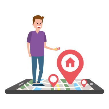 Smartphone karikatür vektör çizim grafik tasarım ile satın almak ev aramaya emlakçı