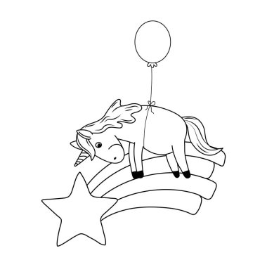 şirin peri masalı unicorn ile balon helyum ve gökkuşağı vektör çizim tasarım