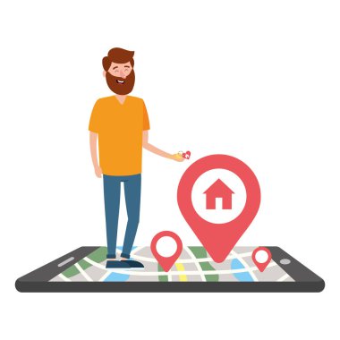 Smartphone karikatür vektör çizim grafik tasarım ile satın almak ev aramaya emlakçı