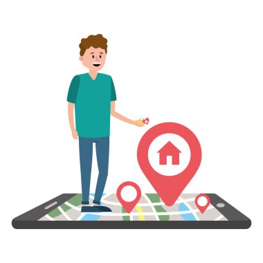 Smartphone karikatür vektör çizim grafik tasarım ile satın almak ev aramaya emlakçı