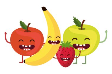 lezzetli lezzetli kawaii elma muz ve çilek karikatür vektör çizim grafik tasarım ile meyve