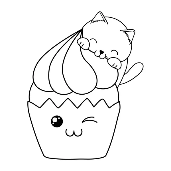 Schattige Kleine Kat Met Cupcake Kawaii Characterdesign Vector Illustratie — Stockvector