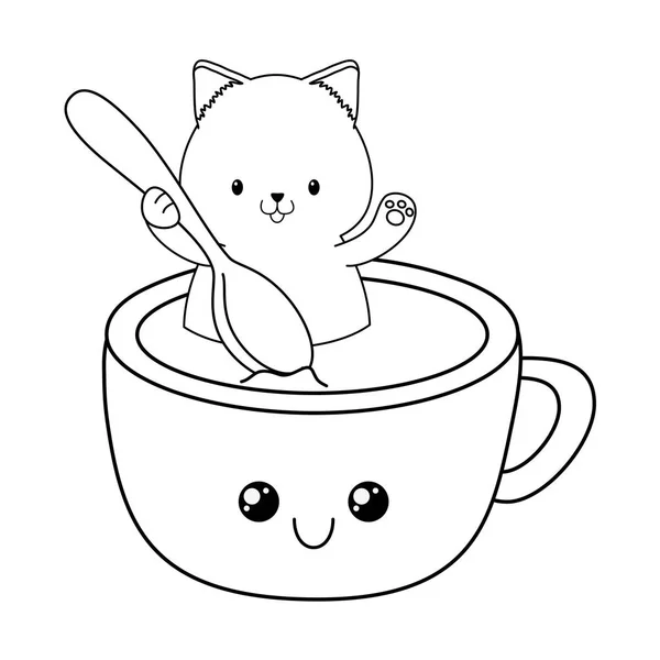 Niedliche Kleine Katze Mit Schokoladentasse Kawaii Charakter Vektor Illustration Design — Stockvektor