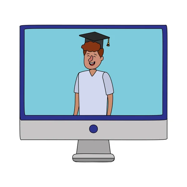 Edukacja Online Człowiek Nad Komputer Ekran Kreskówka Wektor Ilustracja Projekt — Wektor stockowy