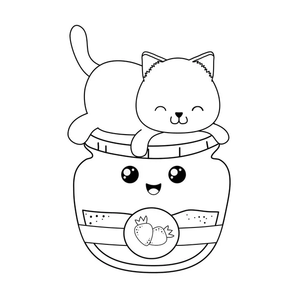 Mignon Petit Chat Avec Confiture Fraises Kawaii Personnage Vectoriel Illustration — Image vectorielle