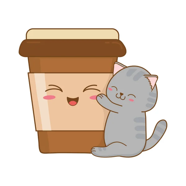 Cute Little Cat Coffee Drink Kawaii Character Vector Illustration Design — Stock Vector