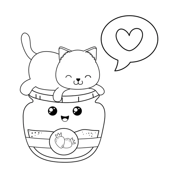 Lindo Pequeño Gato Con Mermelada Fresa Kawaii Carácter Vector Ilustración — Vector de stock
