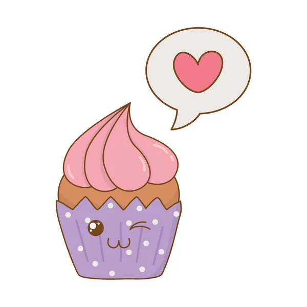 Cupcake Sucré Avec Parole Bulle Coeur Kawaii Caractère Vectoriel Illustration — Image vectorielle