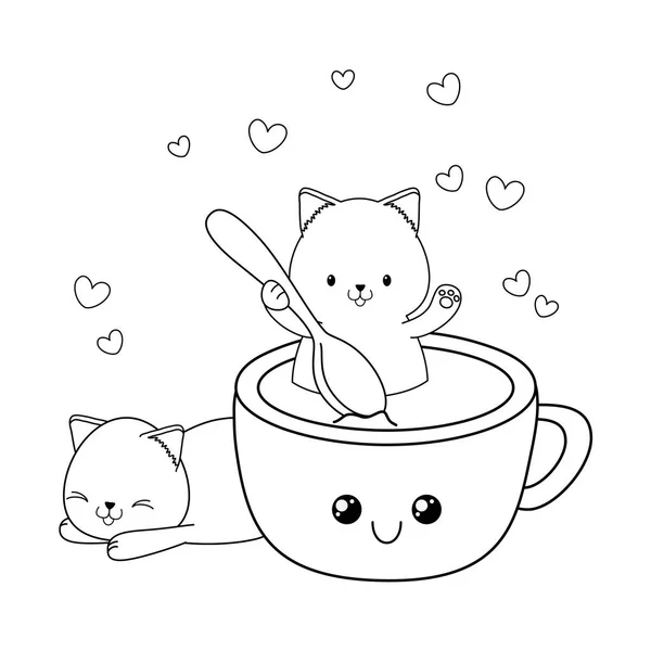 Niedlichen Kleinen Katzen Mit Schokoladentasse Kawaii Zeichen Vektor Illustration Design — Stockvektor