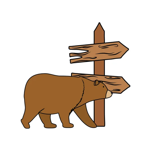 Holzpfeil Führungsetikett Mit Bär Grizzly Vektor Illustration Design — Stockvektor