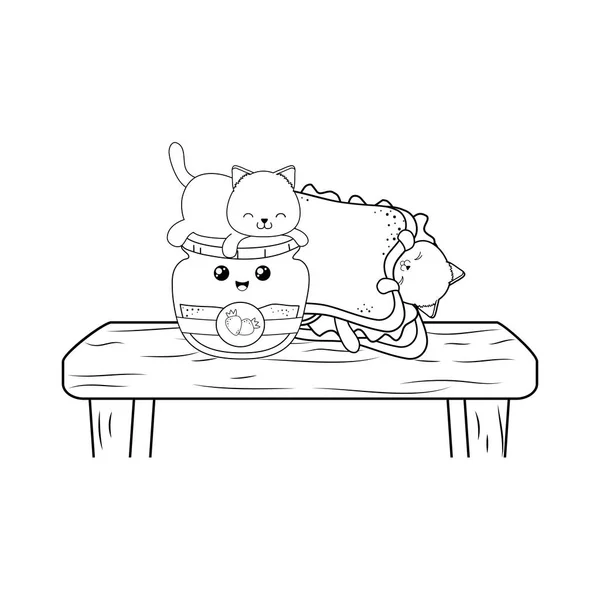 Niedlichen Kleinen Katzen Mit Erdbeermarmelade Kawaii Zeichen Vektor Illustration Design — Stockvektor