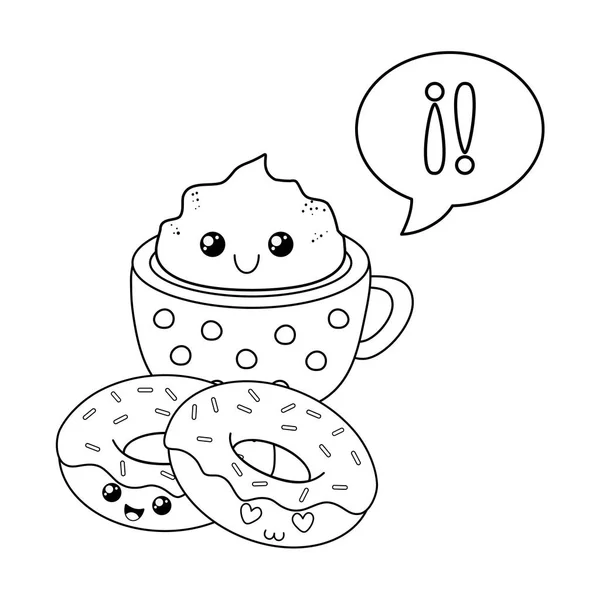 Delicious Sweet Donuts Chocolate Mug Kawaii Character Vector Illustration Design — Stock Vector