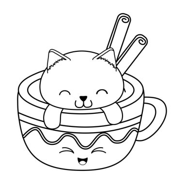 çikolata kupa kawaii karakter vektör çizim tasarımı ile şirin küçük kedi