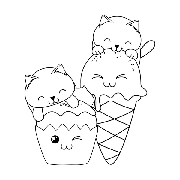 Niedlichen Kleinen Katzen Mit Eis Und Cupcake Kawaii Vektor Illustration — Stockvektor