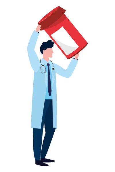医疗保健医生男子拿着药丸瓶卡通矢量插图图形设计 — 图库矢量图片
