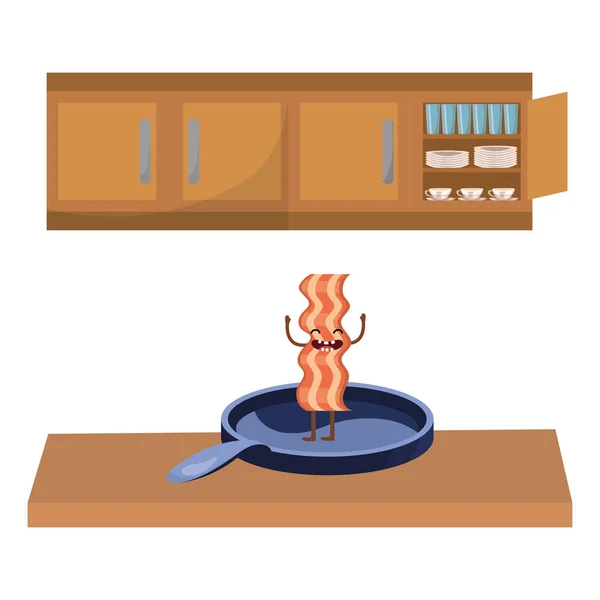 Köstlichen Kawaii Speck Über Pfanne Bei Küche Cartoon Vektor Illustration — Stockvektor