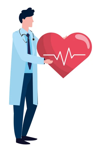 Zdravotní Lékař Muž Který Držel Lidské Srdce Kreslené Vektorové Ilustrace — Stockový vektor