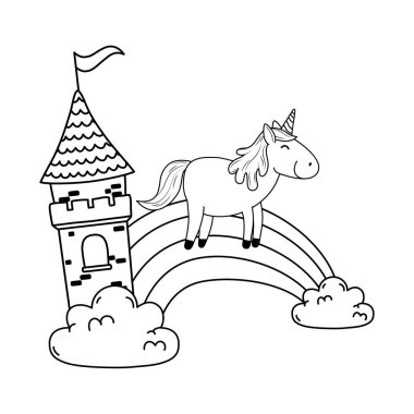 Unicorn Kalesi ve gökkuşağı bulutlar ile vektör çizim tasarım